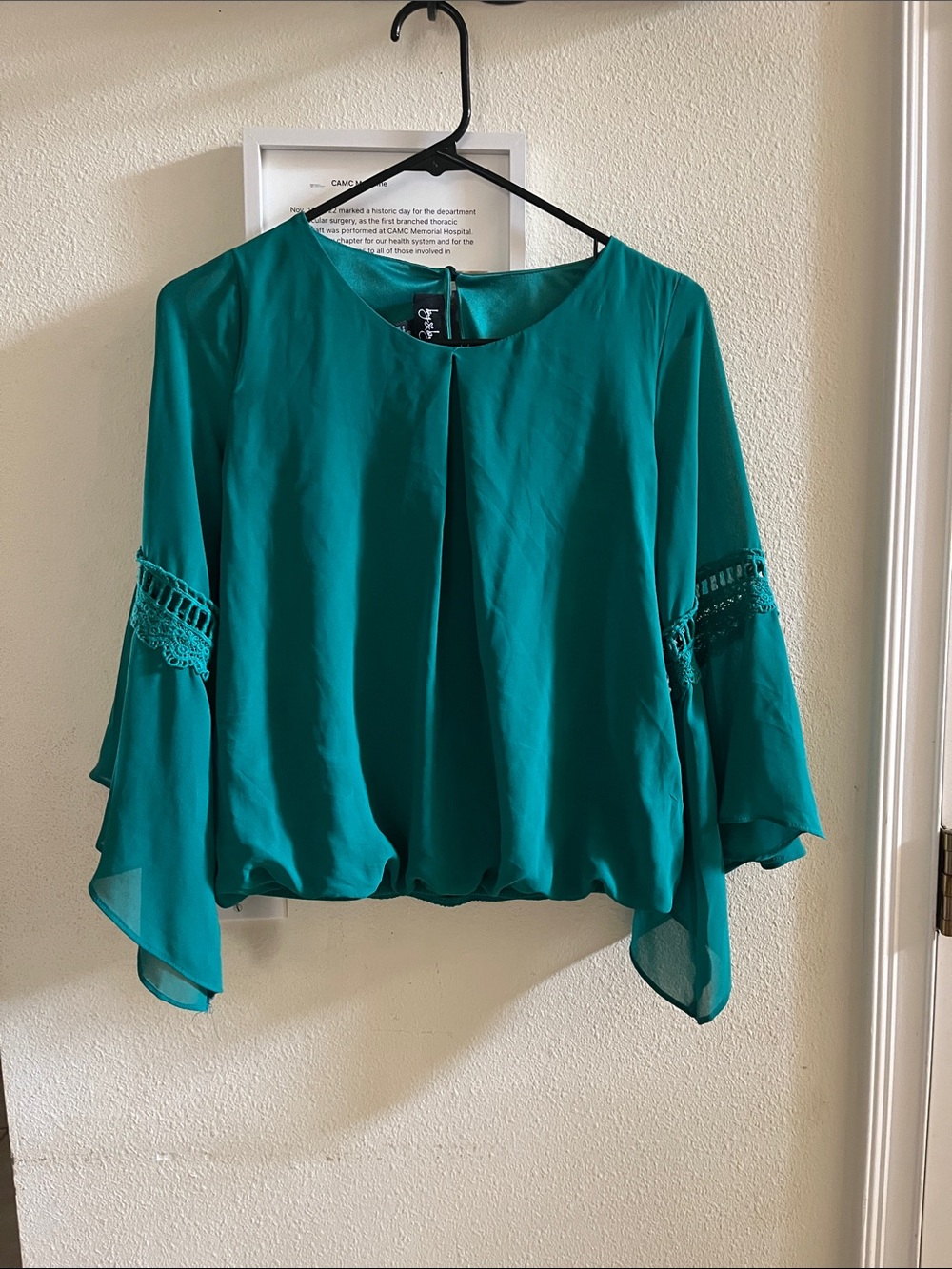 Teal Crochet Bell-Sleeve Women's Blouse